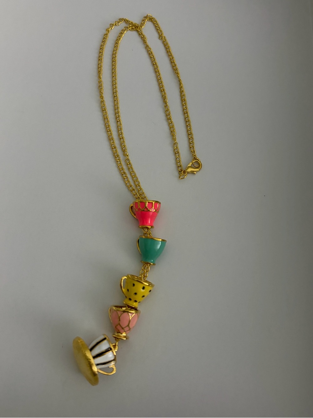 Gold-Tone Multicolor Teacup Pendant Necklace - Pink, Teal, Yellow, White
